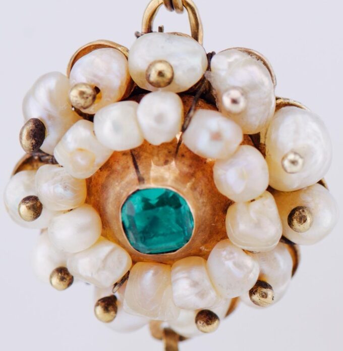 Antique Victorian 14K Gold Skull Pendant Natural Pearls Tourmaline Diamond c1850