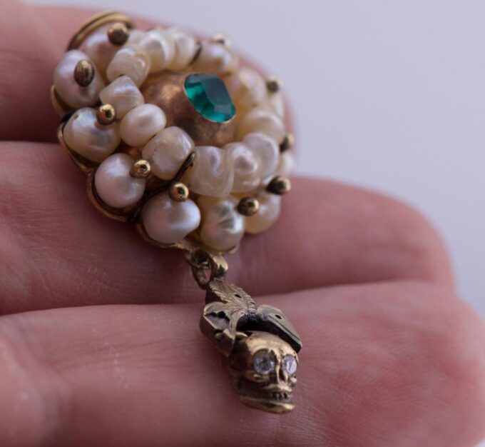 Antique Victorian 14K Gold Skull Pendant Natural Pearls Tourmaline Diamond c1850