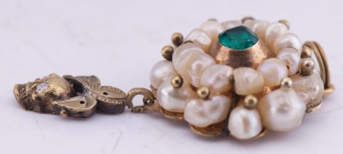 Antique Victorian 14K Gold Skull Pendant Natural Pearls Tourmaline Diamond c1850