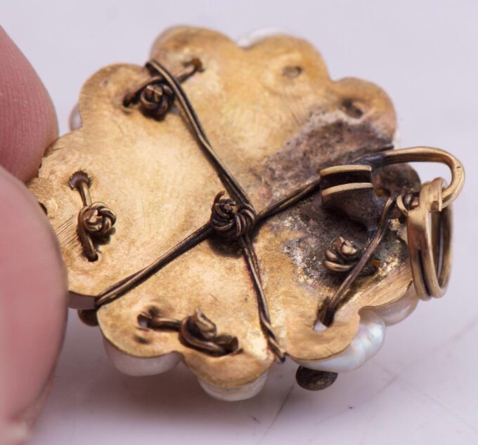 Antique Victorian 14K Gold Skull Pendant Natural Pearls Tourmaline Diamond c1850