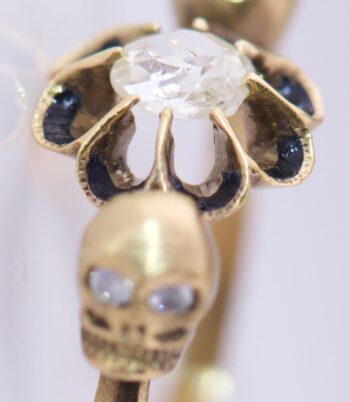 Antique Victorian 14K Gold 0.5ct Diamond Memento Mori Skulls Ring c1880s RARE