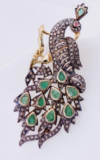 Antique Peacock Brooch with Emerald and Diamond Accents Silver-Topped 14k Gold