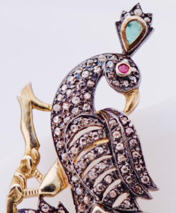 Antique Peacock Brooch with Emerald and Diamond Accents Silver-Topped 14k Gold