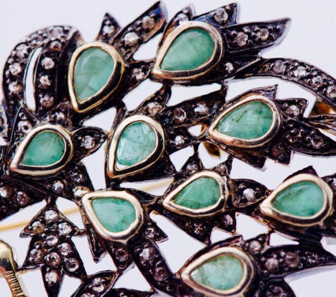 Antique Peacock Brooch with Emerald and Diamond Accents Silver-Topped 14k Gold
