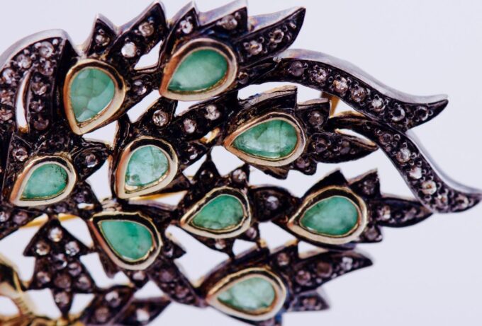 Antique Peacock Brooch with Emerald and Diamond Accents Silver-Topped 14k Gold