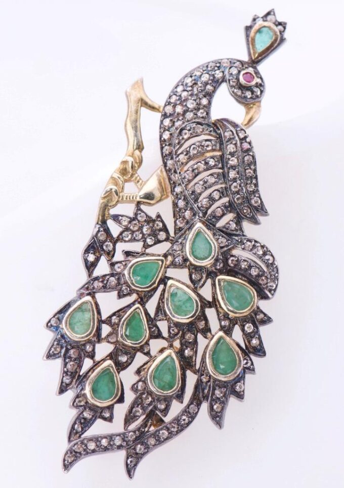 Antique Peacock Brooch with Emerald and Diamond Accents Silver-Topped 14k Gold