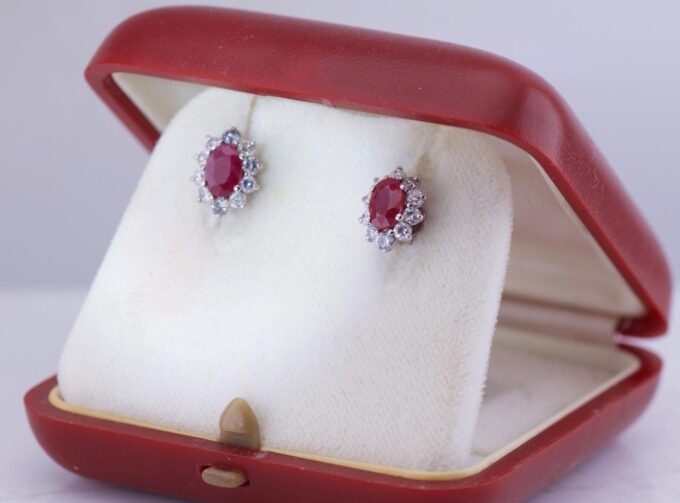 Amazing Vintage Estate Earrings Set 18k White Gold Diamonds 1.5ct Ruby-Boxed