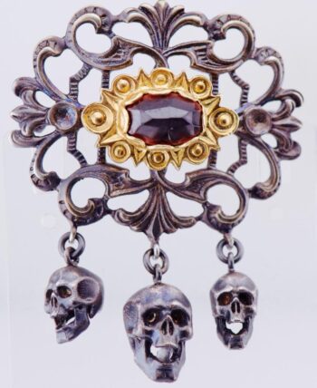 Antique Victorian Memento Mori Brooch c1890 - Skull Design Gilt Silver Garnets