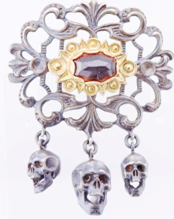Antique Victorian Memento Mori Brooch c1890 - Skull Design Gilt Silver Garnets
