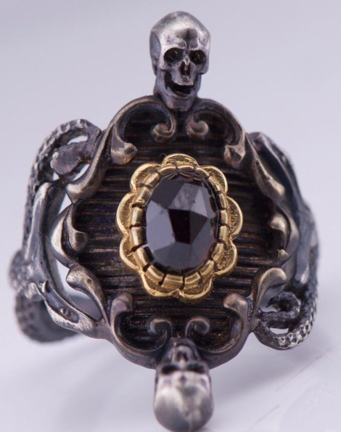 Antique Victorian Skull and Serpent Ring Gilt Silver Garnets Memento Mori c1880