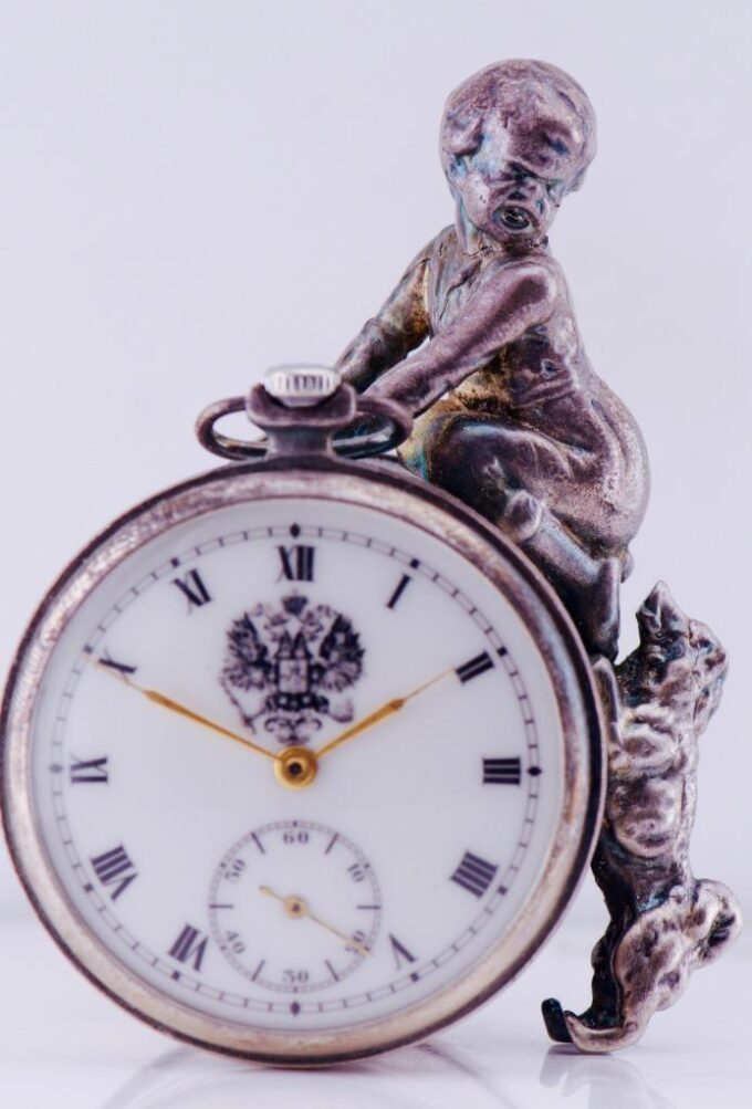 Antique Russ Desk Clock-Silvered Sculpture of a Boy Hunted by a Dog