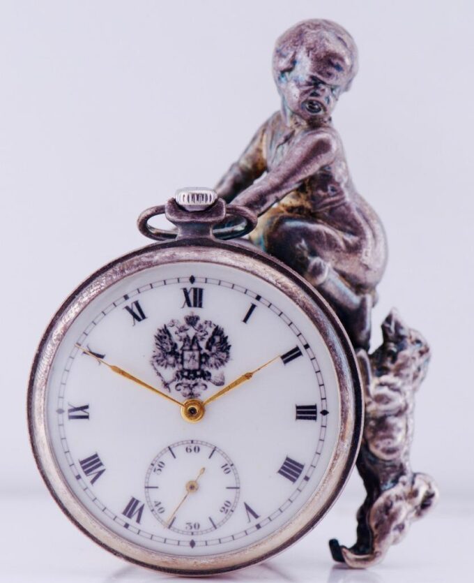 Antique Russ Desk Clock-Silvered Sculpture of a Boy Hunted by a Dog