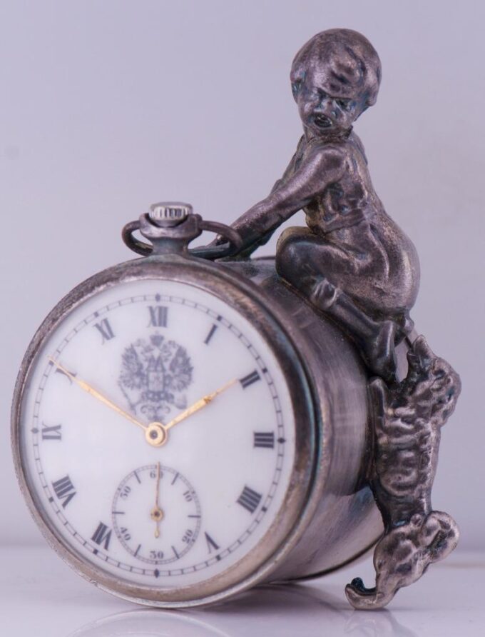 Antique Russ Desk Clock-Silvered Sculpture of a Boy Hunted by a Dog