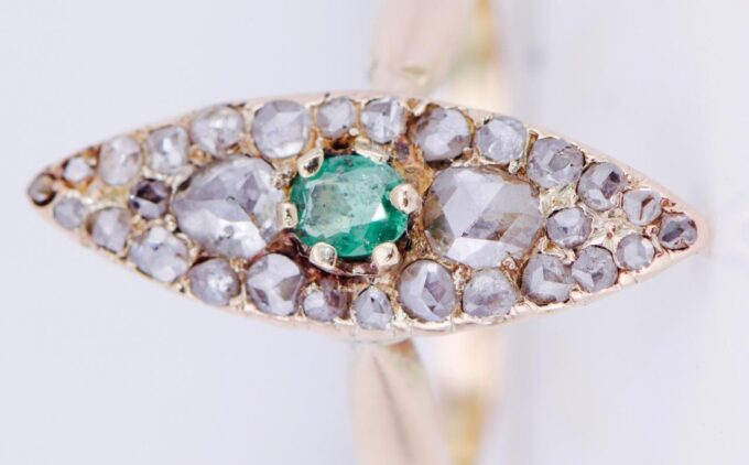 Antique Victorian Ladies Ring 14k Gold Marquise Cluster 2ct Diamond Emerald 1870