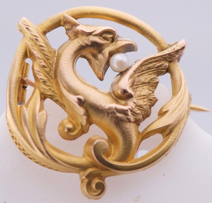 Antique Art-Nouveau French 18k Gold and Pearl Phoenix Bird Brooch c1890's