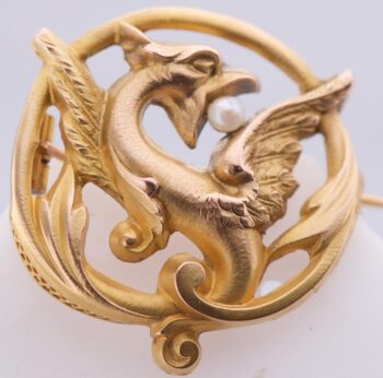 Antique Art-Nouveau French 18k Gold and Pearl Phoenix Bird Brooch c1890's