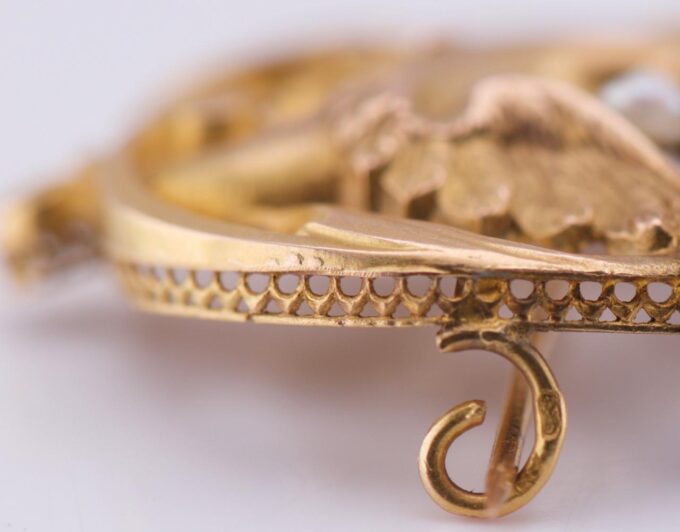 Antique Art-Nouveau French 18k Gold and Pearl Phoenix Bird Brooch c1890's