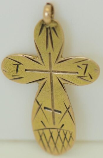Antique Empire Era Cross Pendant Hand Engraved 14k Solid Gold c1880