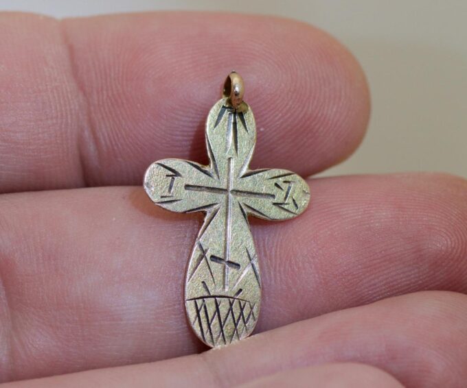 Antique Empire Era Cross Pendant Hand Engraved 14k Solid Gold c1880