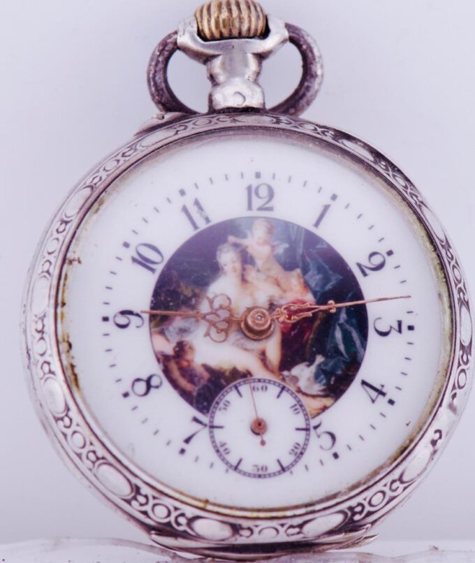 Antique Pocket Watch French Silver Hand Engraved Fancy Enamel Dial c1890's