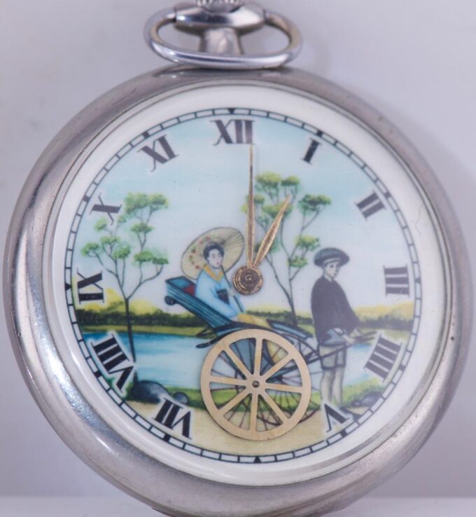 Antique Longinnes Pocket Watch-Automaton Chinese Rickshaw Fancy Enamel Dial 1930