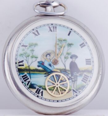 Antique Longinnes Pocket Watch-Automaton Chinese Rickshaw Fancy Enamel Dial 1930