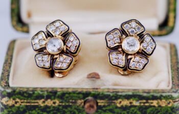 Antique Empire Earrings Set 14k Gold Enamel Diamond c1916 Boxed