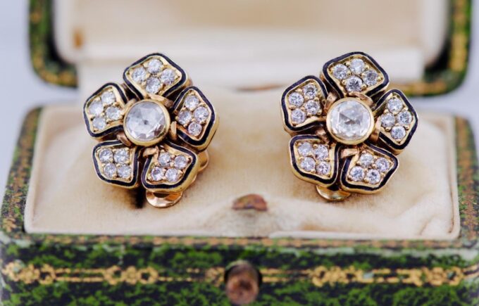 Antique Empire Earrings Set 14k Gold Enamel Diamond c1916 Boxed