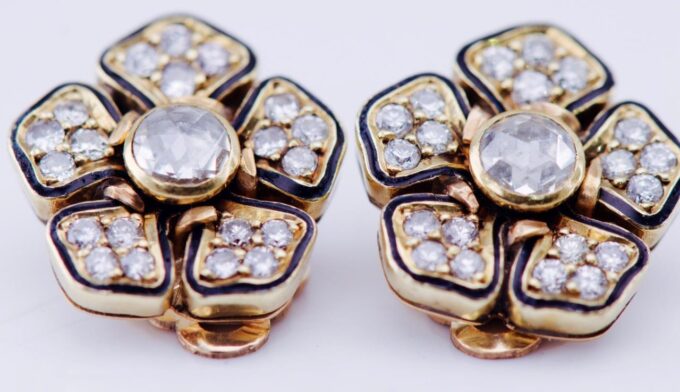 Antique Empire Earrings Set 14k Gold Enamel Diamond c1916 Boxed