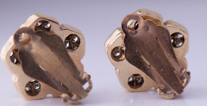 Antique Empire Earrings Set 14k Gold Enamel Diamond c1916 Boxed