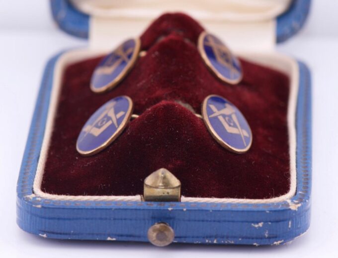 Rare Antique Masonic Gold Plated Enamel Cufflinks Set Original Box c1890's