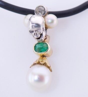 Antique Victorian 18K Gold Silver Pendant Fob - Skull Emerald Diamonds Pearls