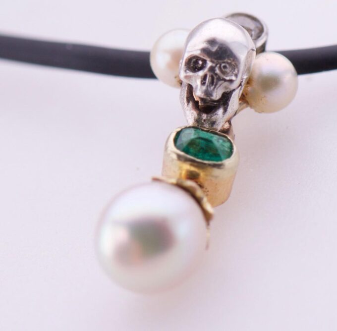 Antique Victorian 18K Gold Silver Pendant Fob - Skull Emerald Diamonds Pearls