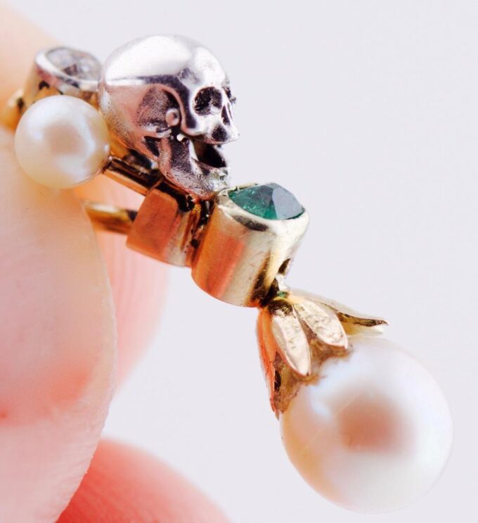 Antique Victorian 18K Gold Silver Pendant Fob - Skull Emerald Diamonds Pearls