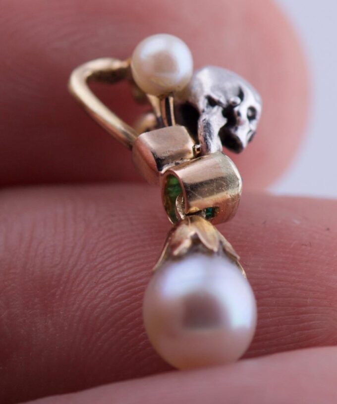 Antique Victorian 18K Gold Silver Pendant Fob - Skull Emerald Diamonds Pearls