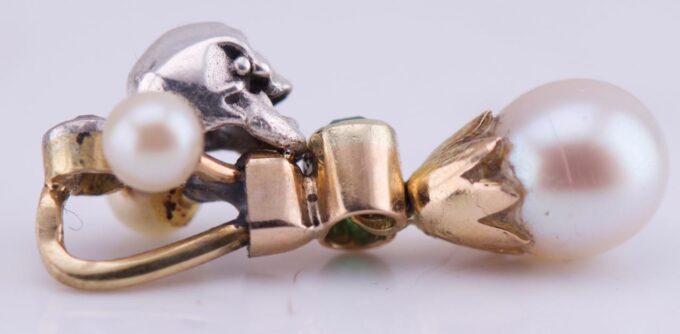 Antique Victorian 18K Gold Silver Pendant Fob - Skull Emerald Diamonds Pearls
