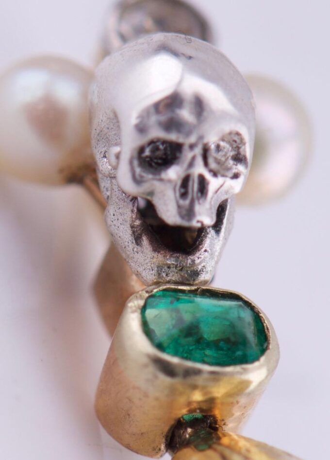 Antique Victorian 18K Gold Silver Pendant Fob - Skull Emerald Diamonds Pearls