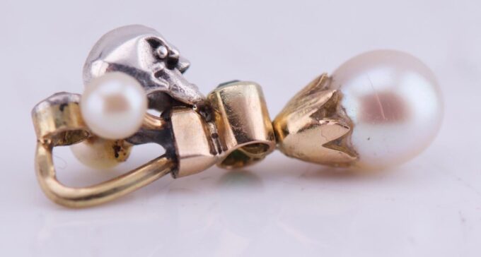 Antique Victorian 18K Gold Silver Pendant Fob - Skull Emerald Diamonds Pearls