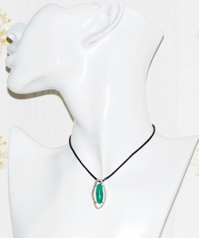Vintage Estate Pendant 18k White Gold-Diamond-Cabochon Jade