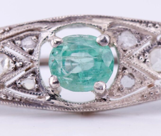 Antique Art-Deco 14k White Gold Brooch Diamond and 0.6ct Emerald Boxed c1930