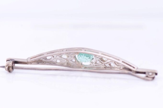 Antique Art-Deco 14k White Gold Brooch Diamond and 0.6ct Emerald Boxed c1930
