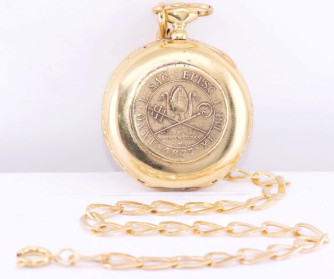Rare Antique Gilt Silver Pocket Watch and Chain Fob for Vatican City-c1877