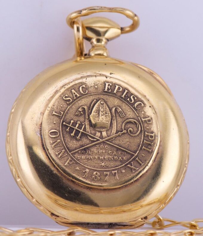 Rare Antique Gilt Silver Pocket Watch and Chain Fob for Vatican City-c1877