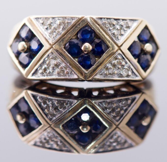 Antique Art-Deco Cocktail Gold Ladies Ring Natural Unheated Sapphire Diamonds
