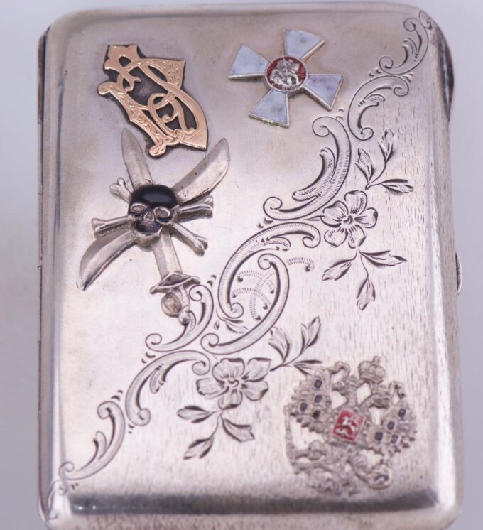 WWI Imperial Civil War Era Pilot Award Silver Gold Enamel Cigarette Case-Skull