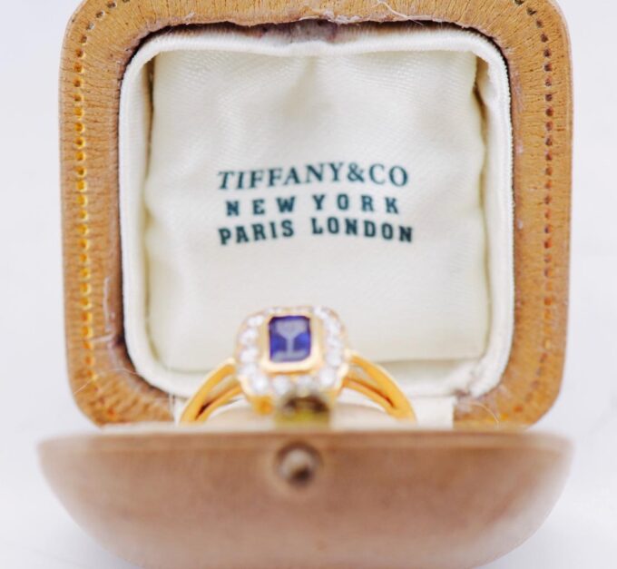 Antique Art-Deco Tiffany&Co 18k Gold Ladies Ring Diamond Sapphire Boxed c1930's