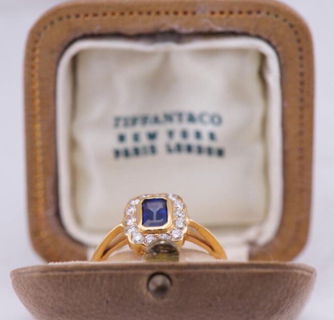 Antique Art-Deco Tiffany&Co 18k Gold Ladies Ring Diamond Sapphire Boxed c1930's