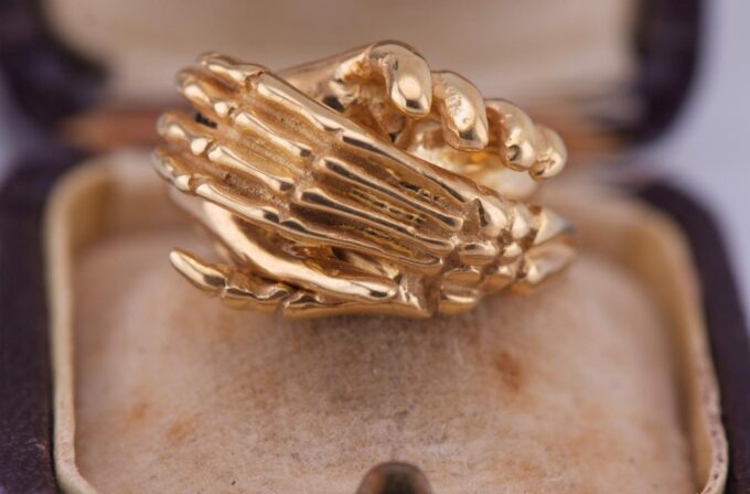 Antique Victorian 9k Gold Fede Gimmel Skeleton Hand Ring – Rare & Unique Design