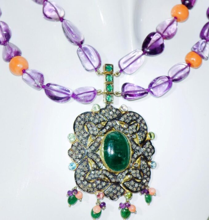 ONE OF A KIND Antique Fancy Necklace 18k Gold 5ct Diamond 15ct Emerald Amethysts