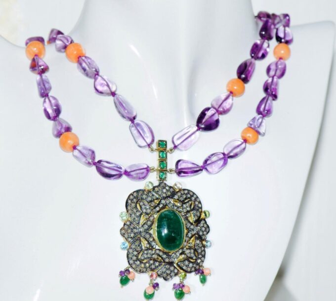 ONE OF A KIND Antique Fancy Necklace 18k Gold 5ct Diamond 15ct Emerald Amethysts